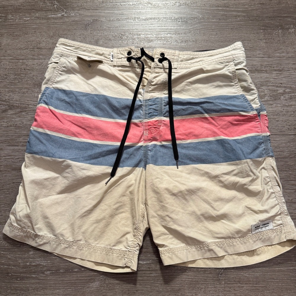 Banks Journal Board Shorts Mens 32 Tan Striped Cotton Surf Swim Trunks Beach